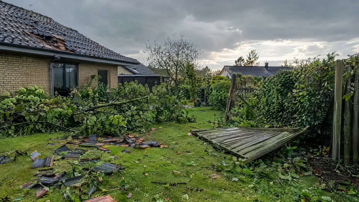 Knuste tagsten, væltet hegn og grene i en dansk have efter en storm
