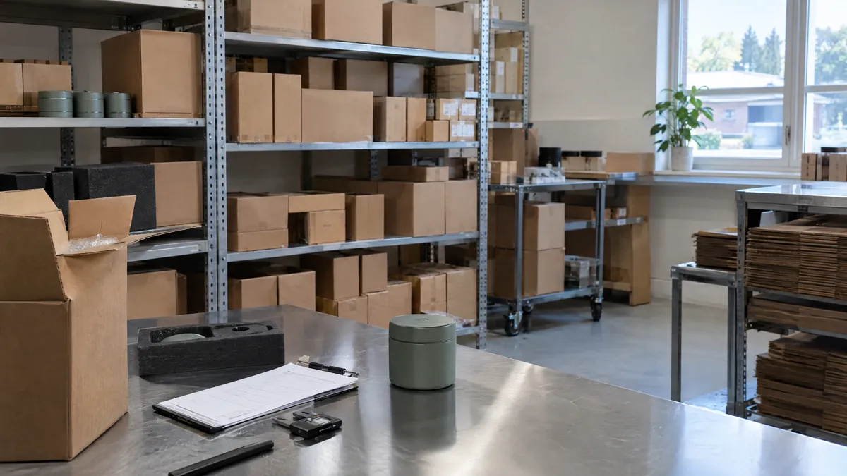 Lager i en lille produktionsvirksomhed med papkasser på reoler og et produkt til kvalitetskontrol
