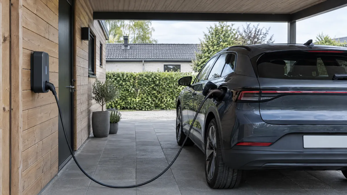 Elbil der lader fra en ladeboks i en carport ved et dansk hus