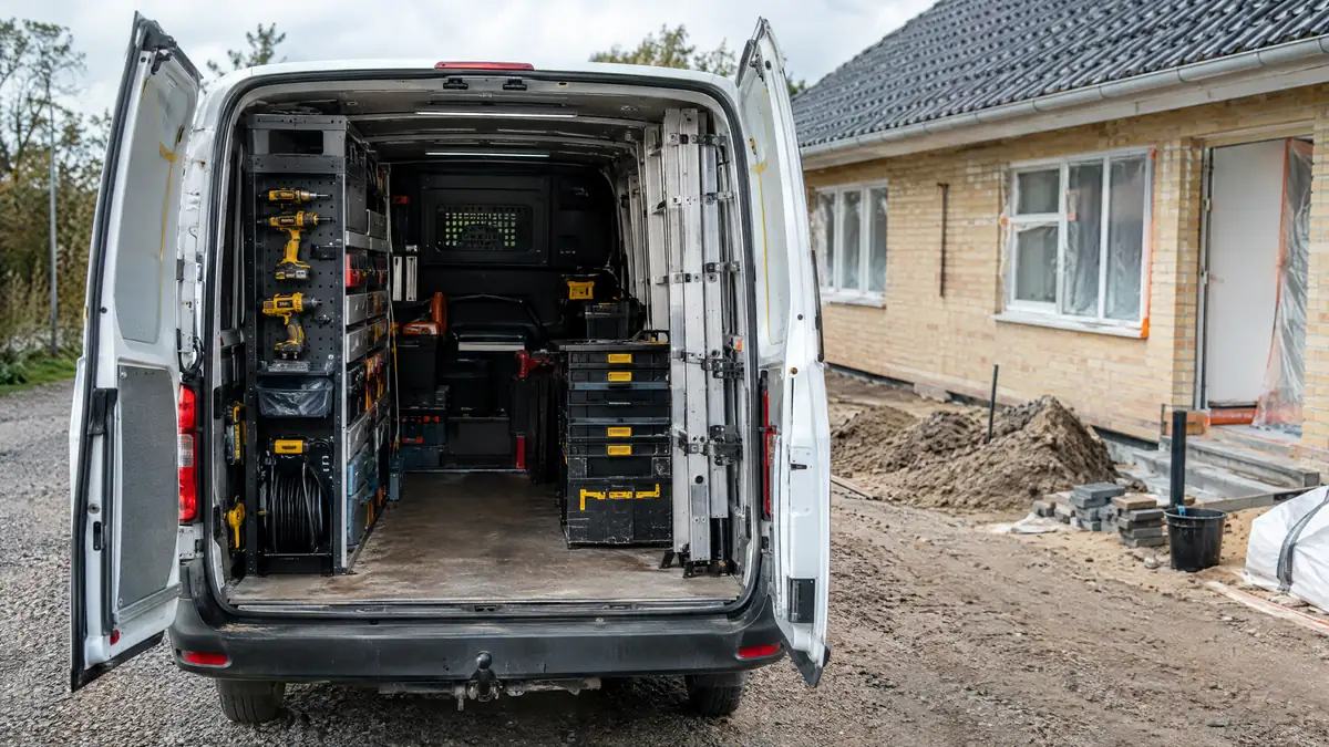 Åben håndværkervarevogn med el-værktøj, stiger og værktøjskasser foran et hus under renovering