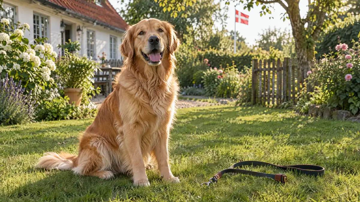 Glad golden retriever på en græsplæne i en dansk have med snoren ved siden af
