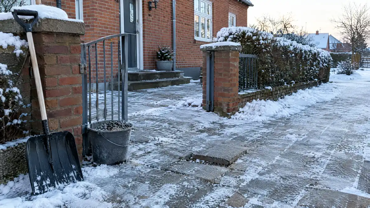 Isglat fortov foran et murstenshus med sneskovl, spand med grus og en løs flise