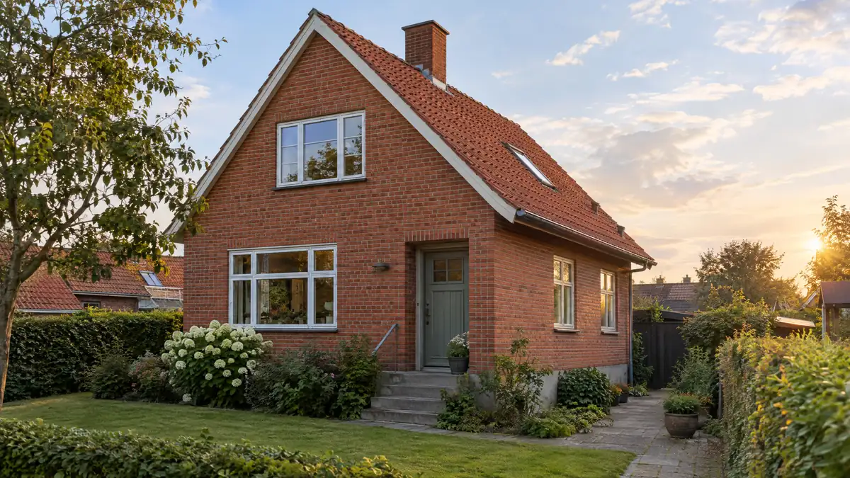 Typisk dansk parcelhus i rødsten med tegltag og have