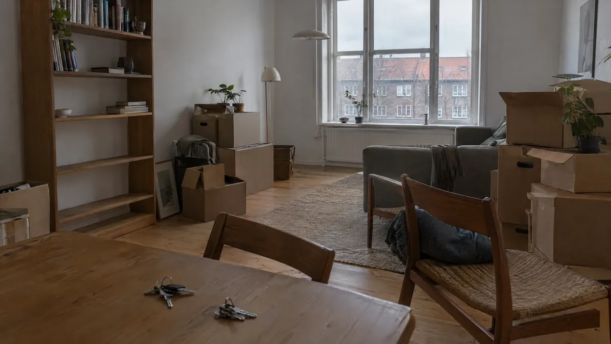 Halvtom stue med flyttekasser i to bunker, en halvt tømt reol og to sæt nøgler på bordet