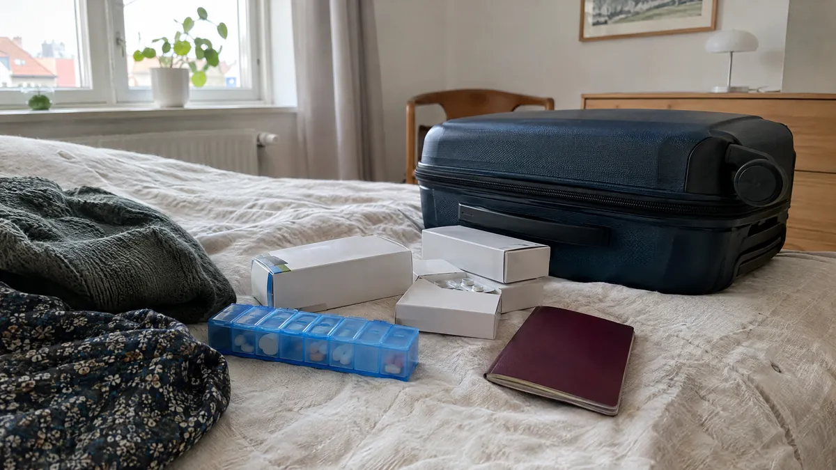 Pilleæske, medicinpakker, pas og lille kuffert på en seng klar til rejsen