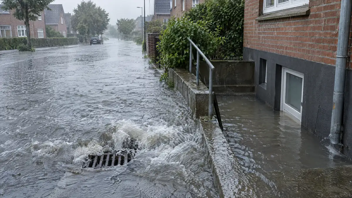 Skybrud der oversvømmer en villavej, hvor vandet løber mod en kældertrappe