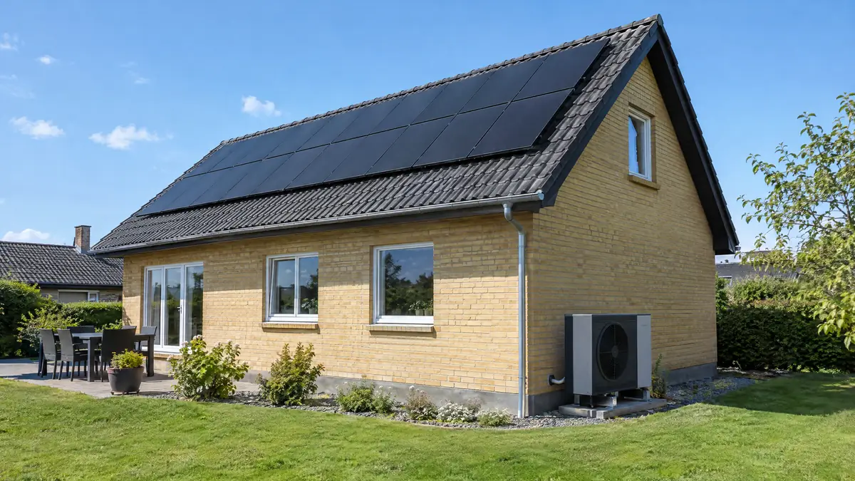 Parcelhus med solceller på tegltaget og luft-til-vand-varmepumpe på gavlen
