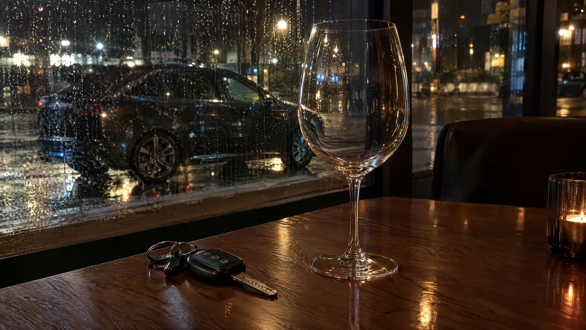Bilnøgler ved et tomt vinglas på et restaurantbord om aftenen med en bil udenfor i regnen