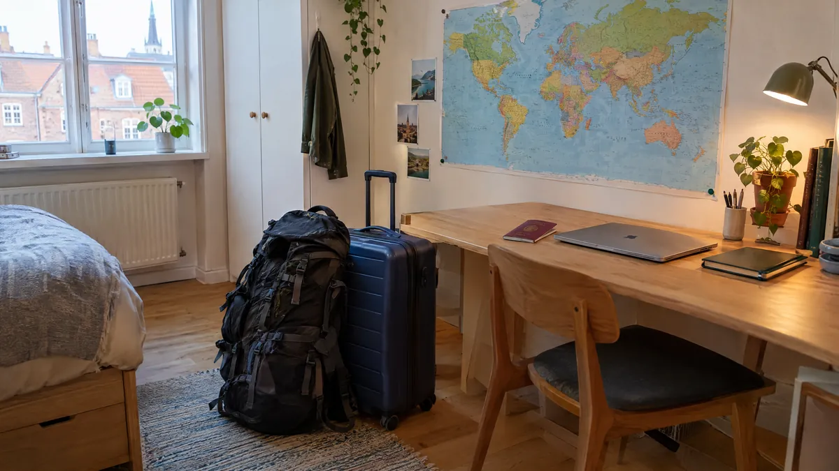 Pakket rygsæk og kuffert under et verdenskort med pas og computer klar på skrivebordet