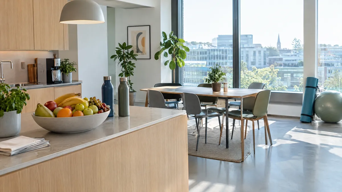 Lyst frokost- og pauseområde på et dansk kontor med frugtskål, vandflasker og yogamåtte