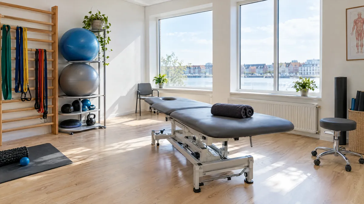 Lyst fysioterapeutrum med behandlingsbriks, træningsbolde og elastikker