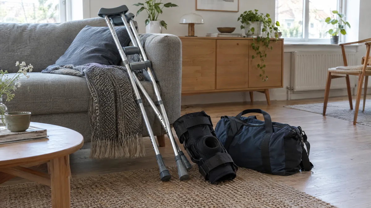 Krykker lænet op ad en sofa med knæbandage og sportstaske på gulvet