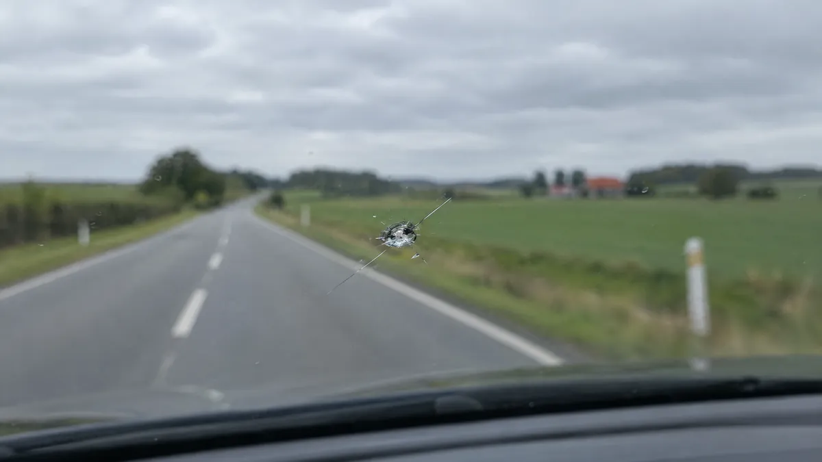 Stenslag i en forrude med en dansk landevej og marker i baggrunden